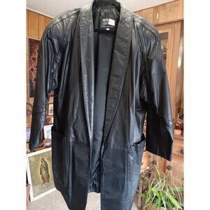 Vintage 1980s long black leather coat open front large pockets women's 1X